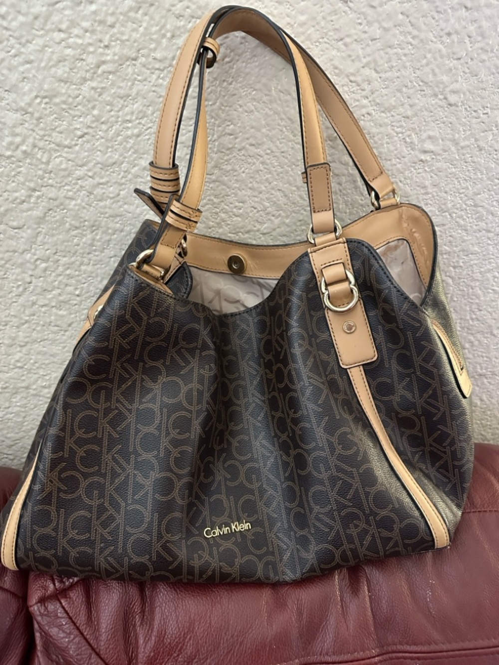 Calvin Klein Brown & Tan Monogram Shoulder Handbag